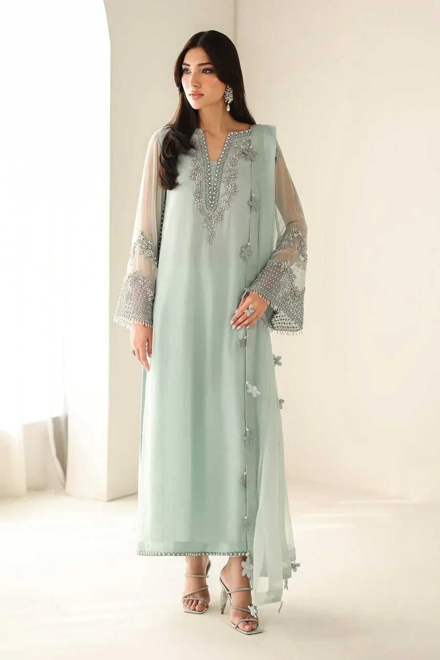 Barouqe Chiffon Embroidered & Hand Embellished with Clutch 3 Piece Dress - J0709 Unstitched