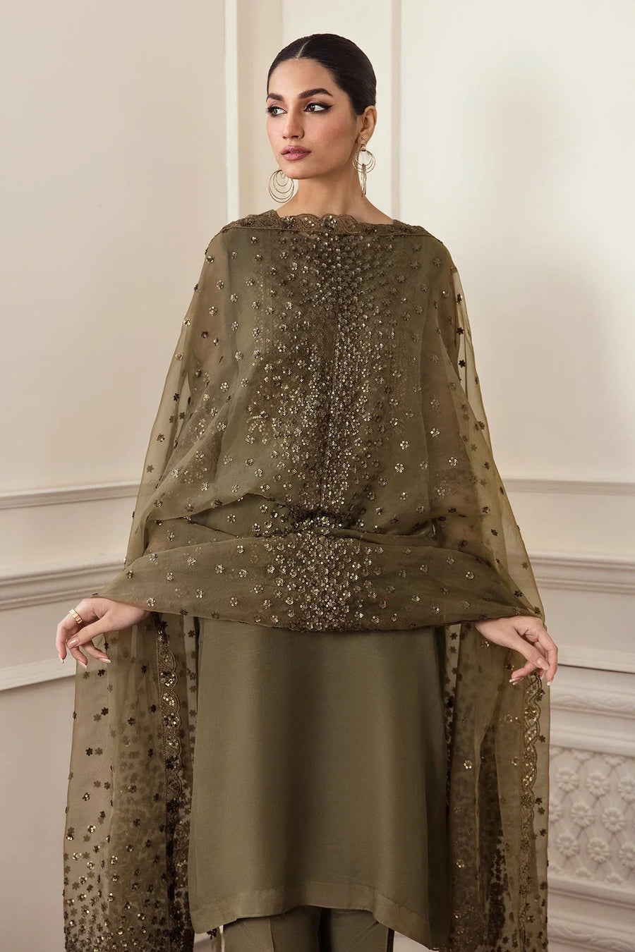 BAROQUE Embellished Olive Green Chiffon Festive  Unstitched Suit