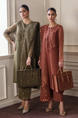 BAROQUE Embellished Olive Green Chiffon Festive  Unstitched Suit