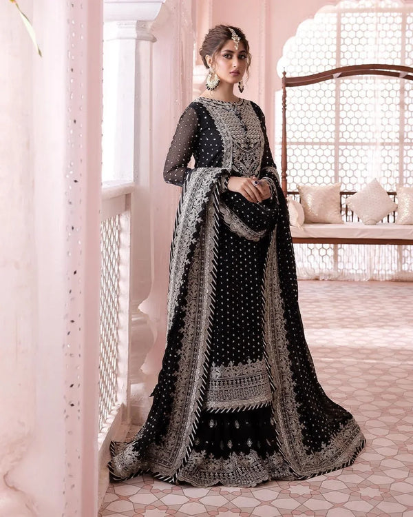 Embroidered Black & Silver Festive Suit-Unstitched