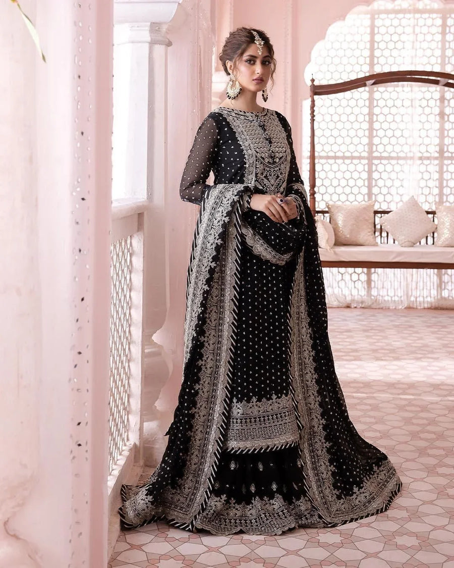 Embroidered Black & Silver Festive Suit-Unstitched