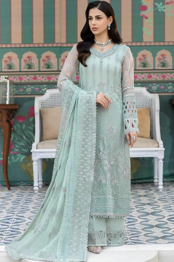 FLOSSIE Mint Serenade — Embroidered Net Luxury Suit - Unstitched