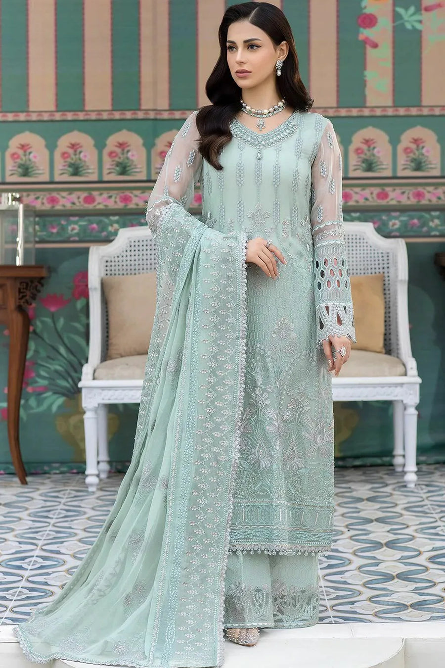 FLOSSIE Mint Serenade — Embroidered Net Luxury Suit - Unstitched
